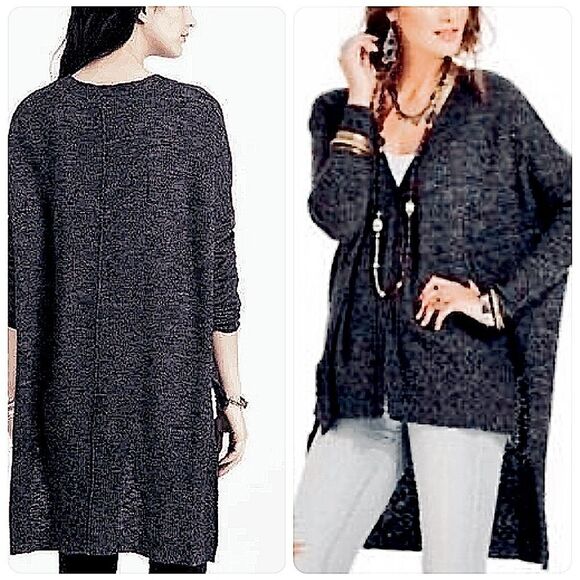 Free People Black Knit Soft Relaxed V Neck Button Dow Duster Sweater Stretch S/M - Picture 2 of 16